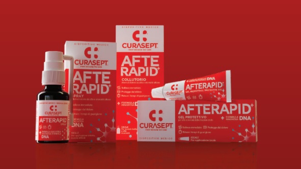 Zdjęcie przedstawiajace całą linię produktów Curasept Afte Rapid